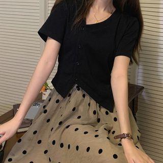Set Of 2: Plain T-shirt + Dotted Midi Skirt
