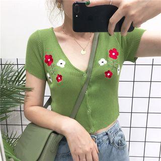 Short Sleeve Floral Embroidered Ribbed Blouse