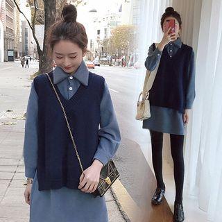 Set: V-neck Sweater Vest + Long-sleeve Shirt Dress