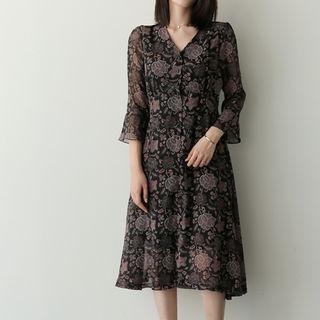 3/4-sleeve Pattern Midi Dress