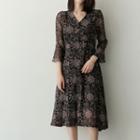 3/4-sleeve Pattern Midi Dress