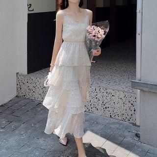 Spaghetti Strap Floral Print Midi A-line Layered Dress