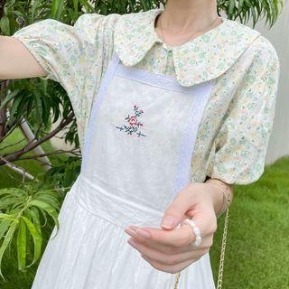 Short-sleeve Flower Print Blouse / Embroidered Lace Trim Midi Overall Dress