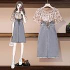 Set: Floral Short-sleeve Top + Denim Jumper Dress