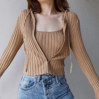 Set : Plain Zip Hooded Cardigan + Striped Sleeveless Top