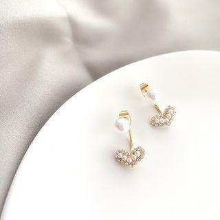 Faux Pearl Rhinestone Heart Swing Earring 1 Pair - 925 Silver Needle - One Size