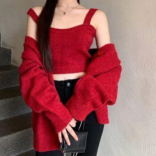 Cropped Knit Camisole Top / V-neck Cardigan