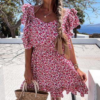Floral Print Puff Sleeve A-line Mini Dress