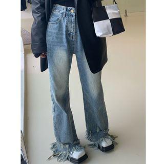 High Waist Frayed Trim Loose Fit Jeans