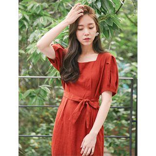 Puff-sleeve Linen Blend Long Dress With Sash