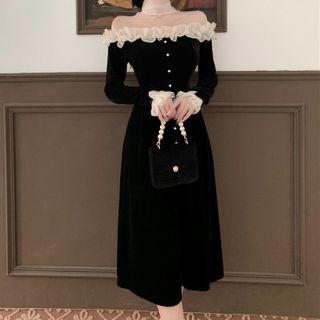 Long-sleeve Mesh Panel Ruffle Midi A-line Dress