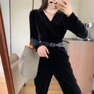 Velvet V-neck Wide-leg Jumpsuit