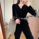 Velvet V-neck Wide-leg Jumpsuit