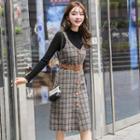 Long-sleeve Knit Top / Plaid Belted Pinafore Dress / Set