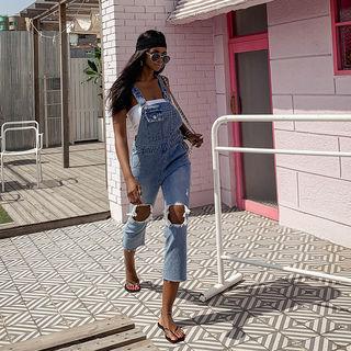 Cutout-detail Denim Suspender Pants Light Blue - One Size