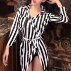 Long-sleeve Tie-waist Striped Collared Top