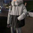 Furry Hooded Two-tone Padded Zip Jacket