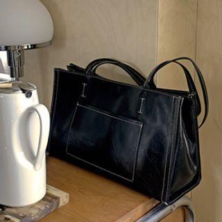 Patch-pocket Pleather Tote Bag