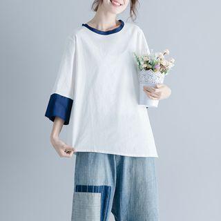 Plain Panel 3/4-sleeve T Shirt White - L