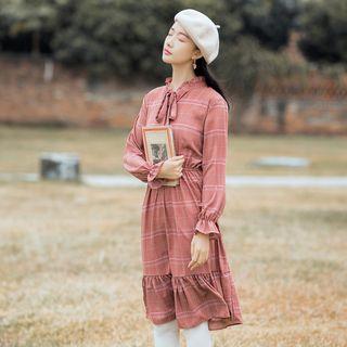 Plaid Tie-neck Long-sleeve Dress