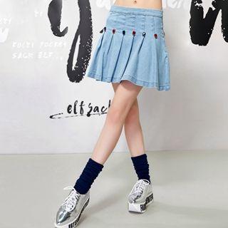 Rhinestone Pleated Denim A-line Skirt