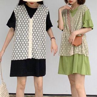 Plain V-neck Ruffled-trim Short-sleeve Dress / V-neck Lace Sleeveless Top