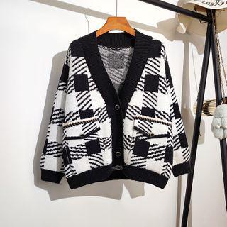 Black & White Plaid Loose-fit Knit Jacket