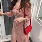 Floral Long-sleeve Midi A-line Dress Pink - One Size