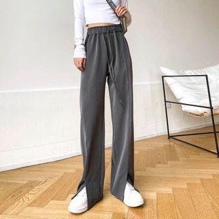 Plain Drawstring Slit Wide-leg Pants