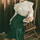 Set: Ruffle Trim Sweater + Midi A-line Skirt