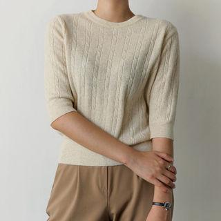 3/4-sleeve Cable-knit Wool Blend Top
