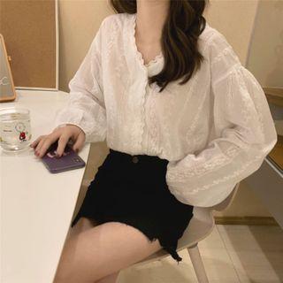 Long-sleeve V-neck Lace Trim Blouse White - One Size