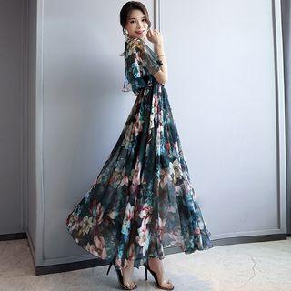 Elbow-sleeve Floral Chiffon A-line Maxi Dress