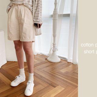 Zip-fly Cotton Shorts Light Beige - One Size