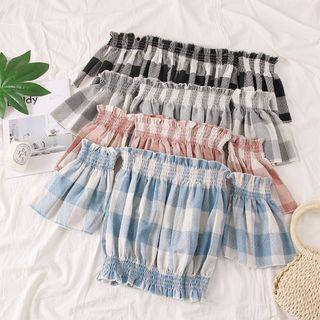 Boatneck Plaid Crop Blouse
