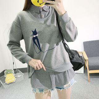 Mock Two-piece Plaid Panel Cat Embroidered Sweatshirt