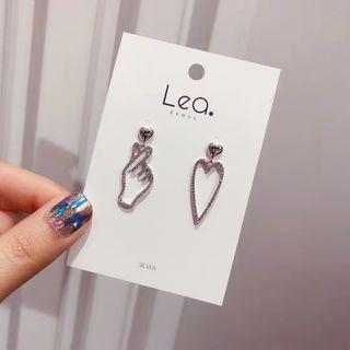 Non-matching Rhinestone Alloy Hand & Heart Dangle Earring 1 Pair - Silver Needle - As Shown In Figure - One Size