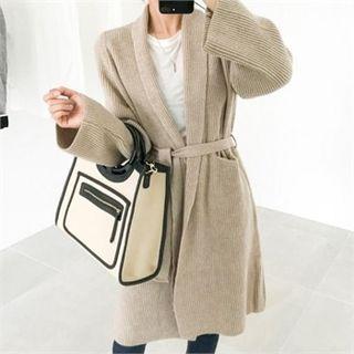 Shawl-collar Rib-knit Cardigan With Sash