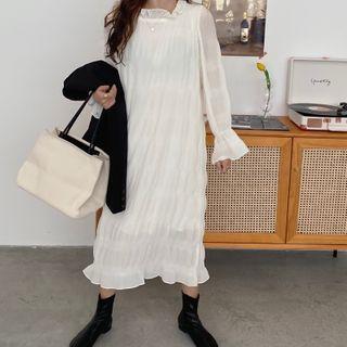 Bell-sleeve Crinkle Midi A-line Dress