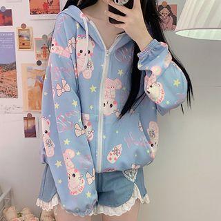 Hooded Long-sleeve Zip Printed Jacket