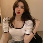 Puff-sleeve Contrast Trim Cropped T-shirt