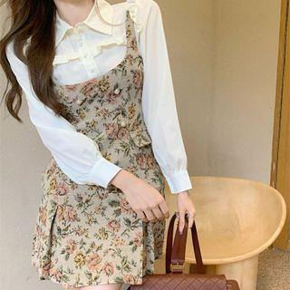 Long-sleeve Mock Two-piece Floral Panel Mini A-line Dress