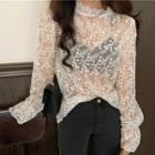 Bell-sleeve Mock-neck Lace Top White - One Size