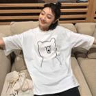 Elbow-sleeve Bear Print T-shirt White - One Size