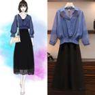 Set: Striped 3/4-sleeve Blouse + V-neck Spaghetti Strap A-line Dress