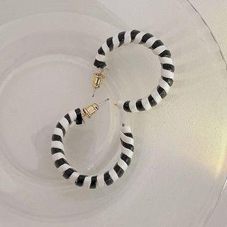 Striped Faux Leather Open Hoop Earring 1 Pair - Black & White - One Size