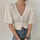Puff-sleeve V-neck Pointelle Knit Crop Top