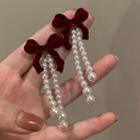 Bow Flannel Faux Pearl Fringed Earring 1 Pair - Silver Stud - Red & White - One Size
