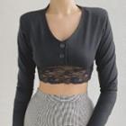 Long Sleeve Lace-trim Button-up T-shirt