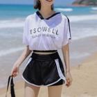 Set: Contrast Trim Bikini Top + Hooded Cover-up Top + Swim Shorts